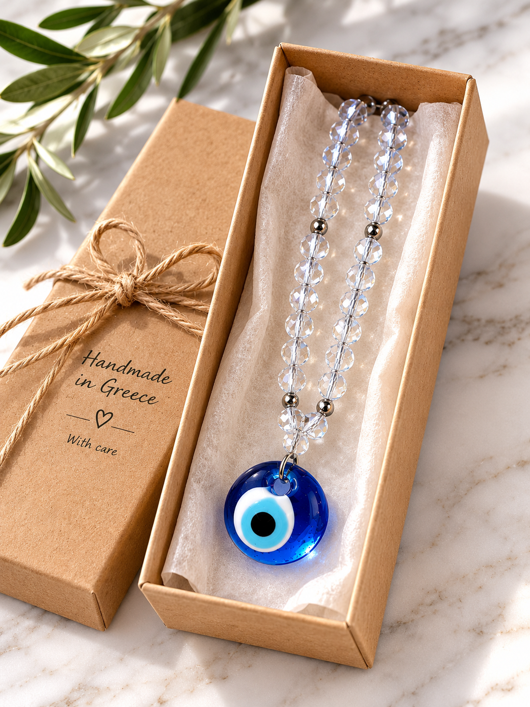 Greek Evil Eye Car Charm, Authentic Glass Nazar, Rearview Mirror Hanging, Crystal Beads,