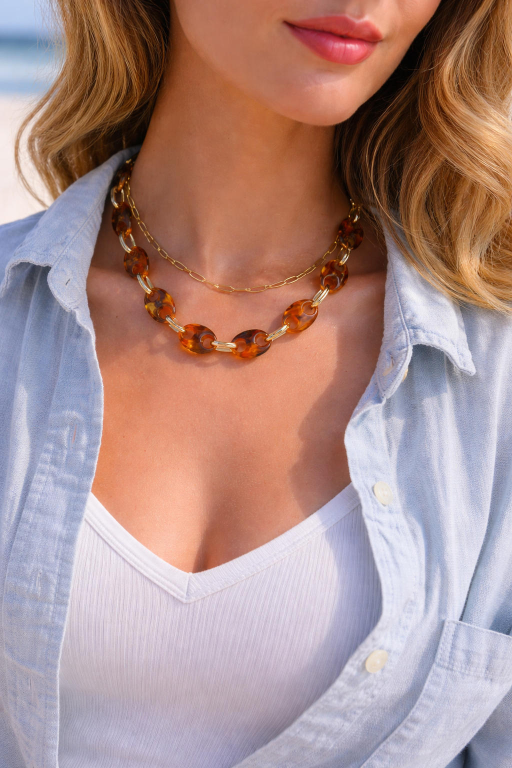 Coffee Bean Bead Necklace – Amber Resin Chain – Chic Summer Jewelry