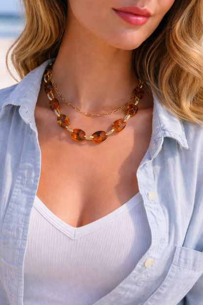 Coffee Bean Bead Necklace – Amber Resin Chain – Chic Summer Jewelry