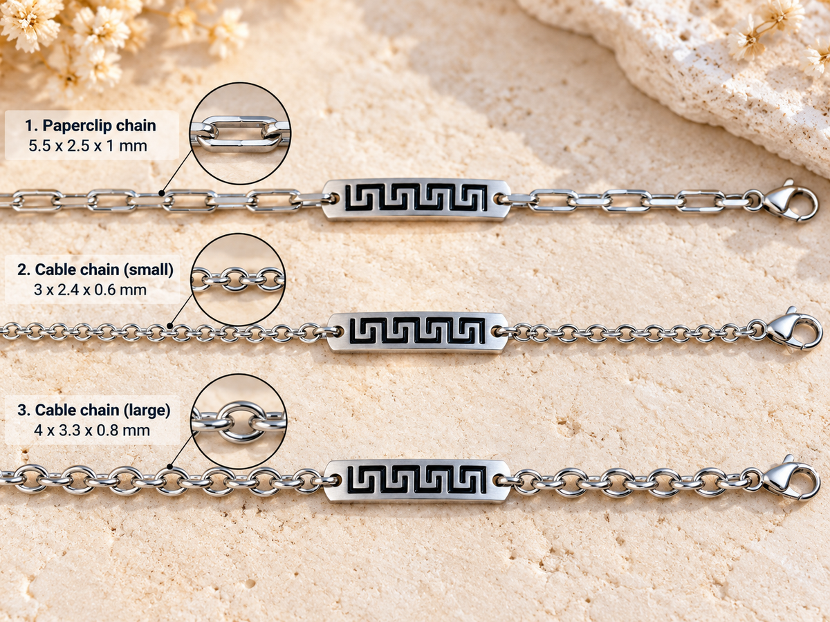 Bracelet En Acier Inoxydable Avec Motif Grec – 3 Styles de Chaînes Au Choix