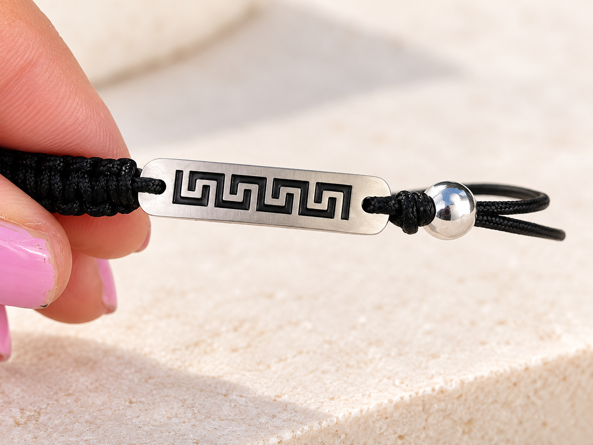 Black Macramé Bracelet with Greek Key Stainless Steel Bar
