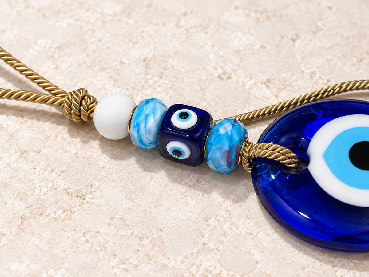 A close-up view shows the upper beads and knotted gold cord of the blue evil eye glass charm.