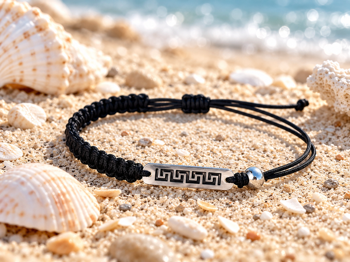 Black Macramé Bracelet with Greek Key Stainless Steel Bar