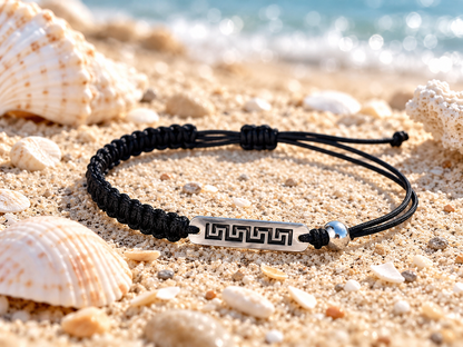 Black Macramé Bracelet with Greek Key Stainless Steel Bar