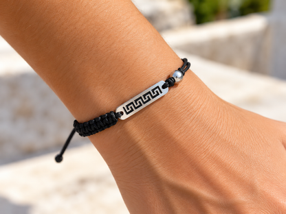 Black Macramé Bracelet with Greek Key Stainless Steel Bar