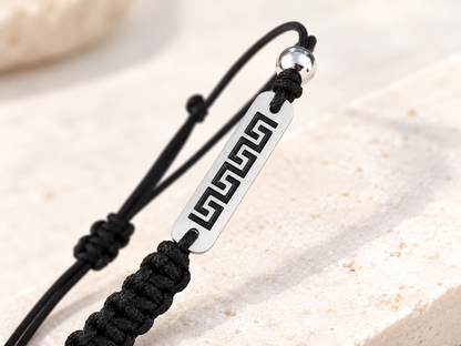 Black Macramé Bracelet with Greek Key Stainless Steel Bar