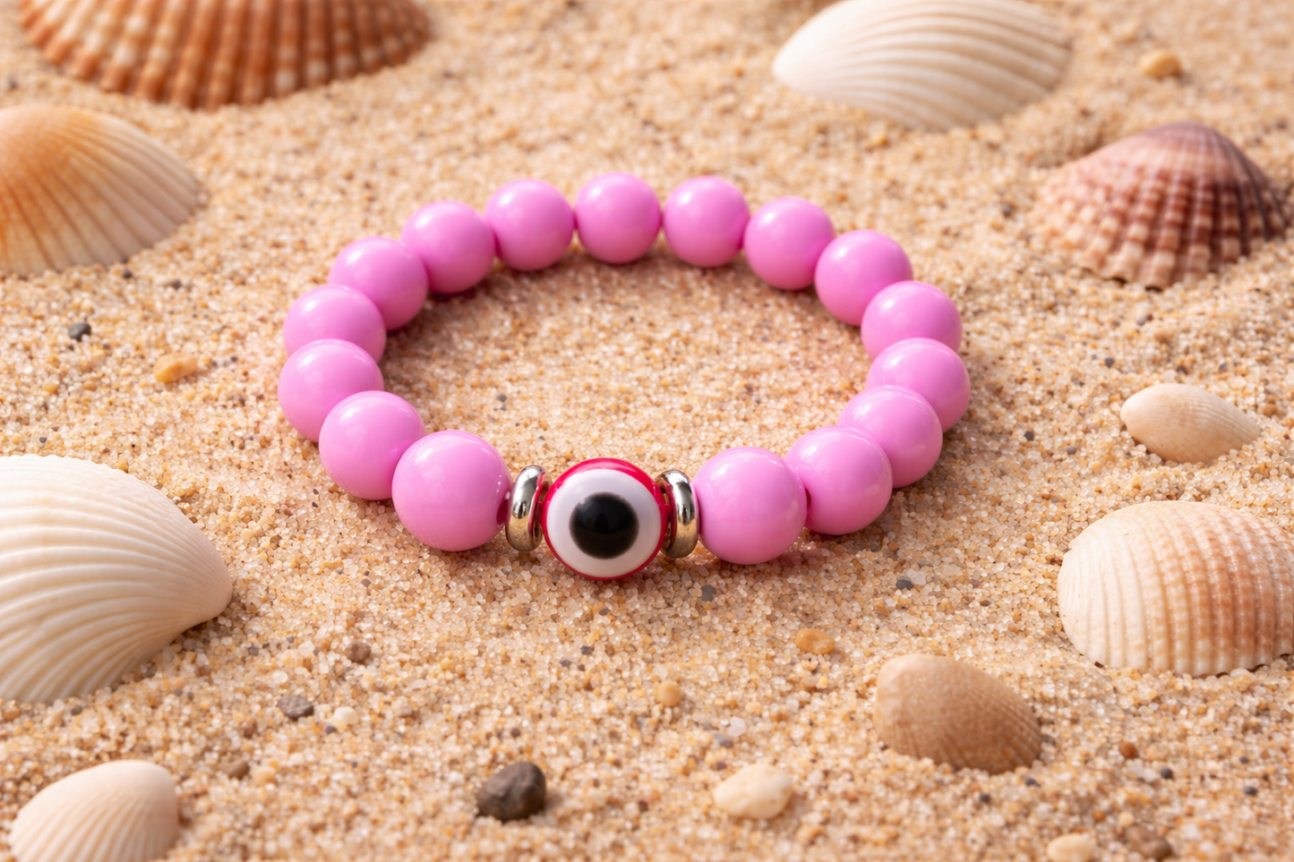 Pink acrylic evil eye beaded bracelet inspired by Greek protection traditions.