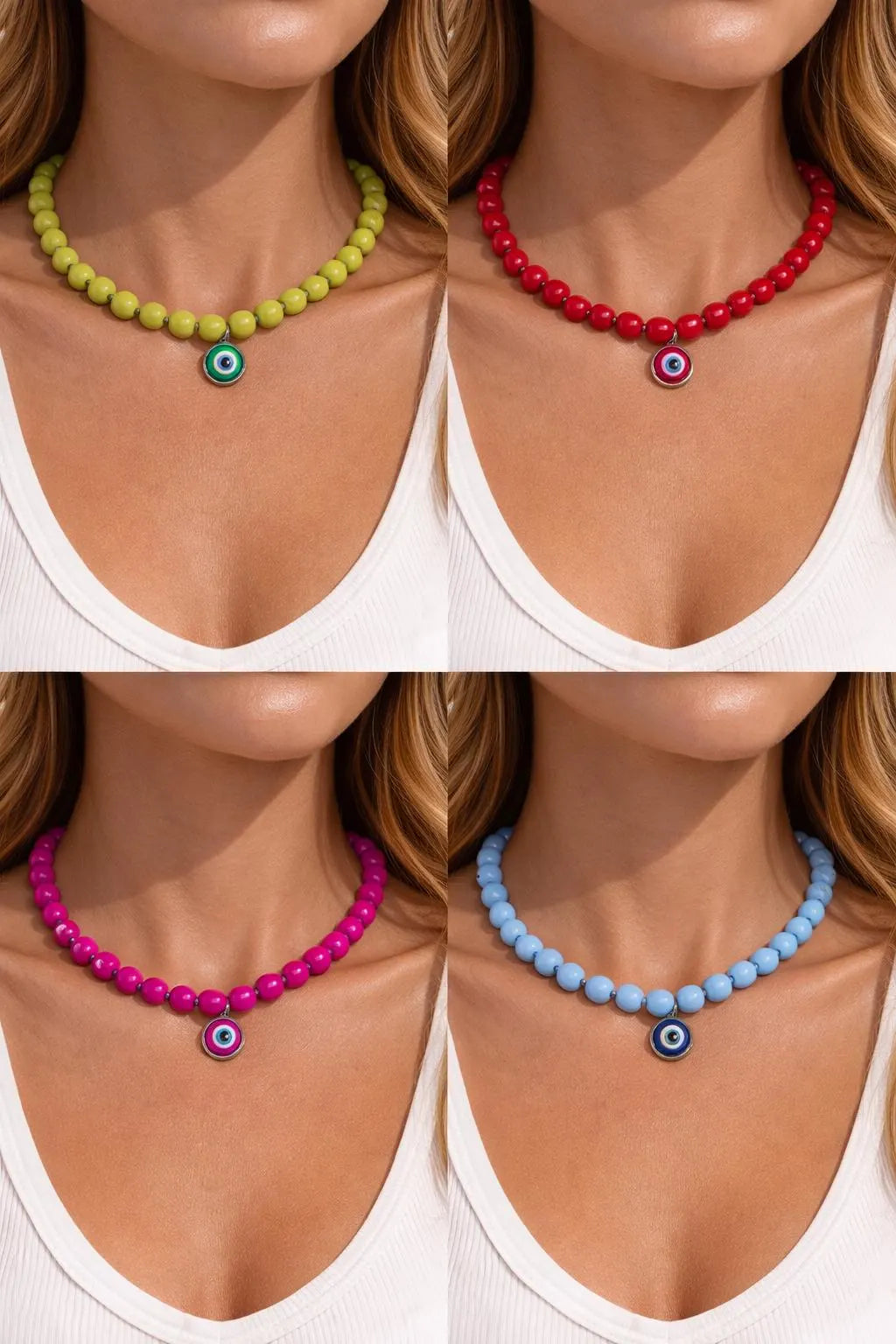 Handmade necklace featuring vibrant acrylic beads and a blue glass evil eye centerpiece, lightweight jewelry for beach days and casual outfits.
