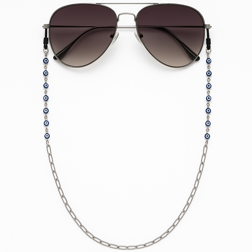 Handmade stainless steel eyeglass chain with blue evil eye charms, symbolic Greek eyewear holder necklace.