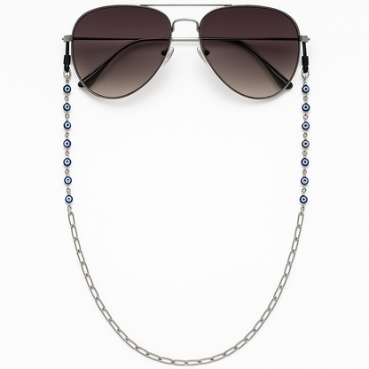 Handmade stainless steel eyeglass chain with blue evil eye charms, symbolic Greek eyewear holder necklace.