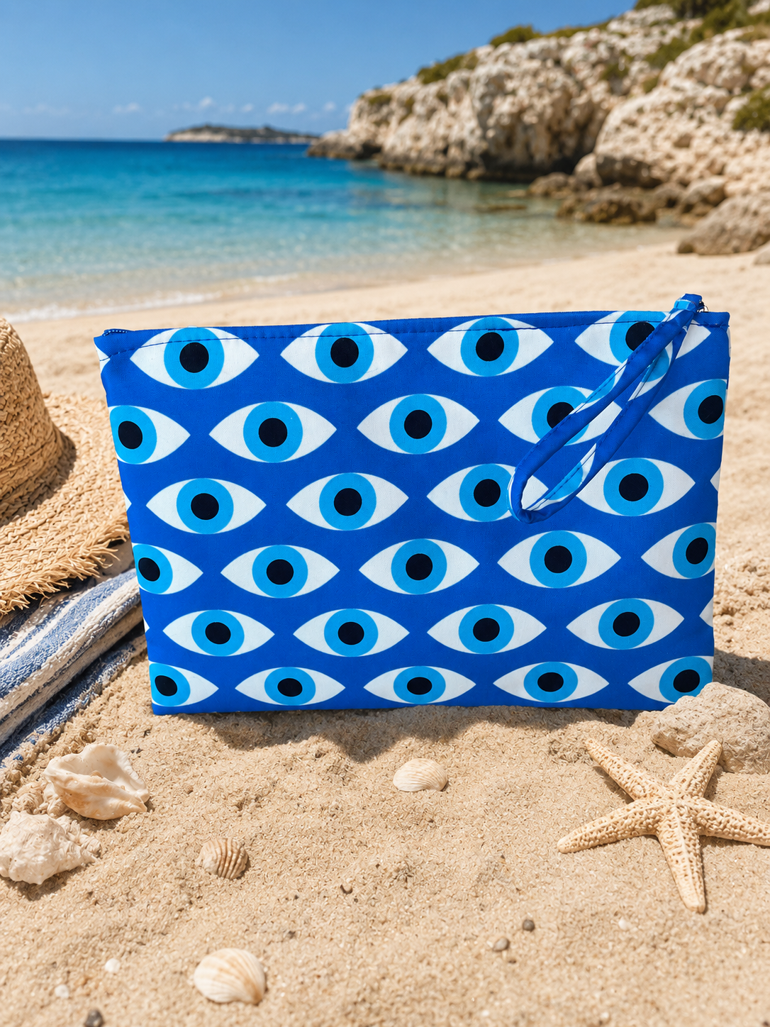 Grande Pochette de Plage Oeil Grec Bleu – Pochette Étanche avec Poche Intérieure