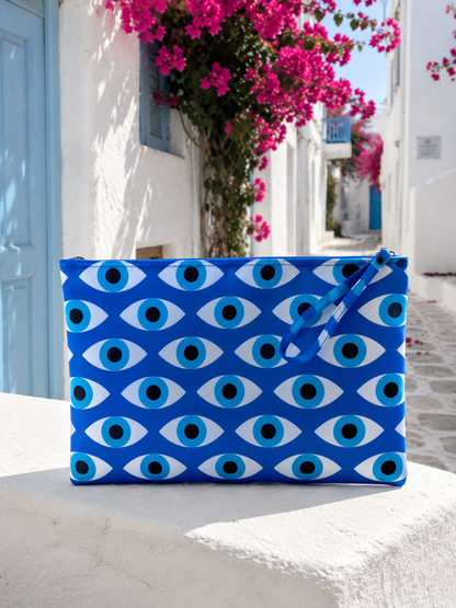 Grande Pochette de Plage Oeil Grec Bleu – Pochette Étanche avec Poche Intérieure