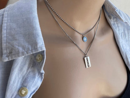 Collier Oeil Bleu et Motif Grec Superposés