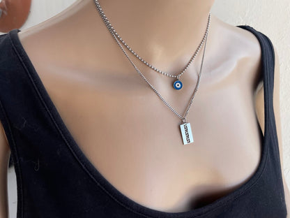 Collier Oeil Bleu et Motif Grec Superposés
