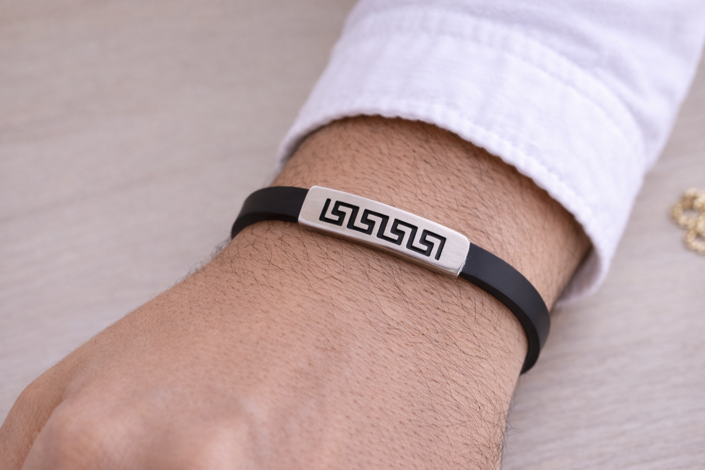 Men’s Black Silicone Bracelet with Stainless Steel Greek Meander Design