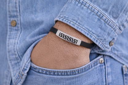 Men’s Black Silicone Bracelet with Stainless Steel Greek Meander Design
