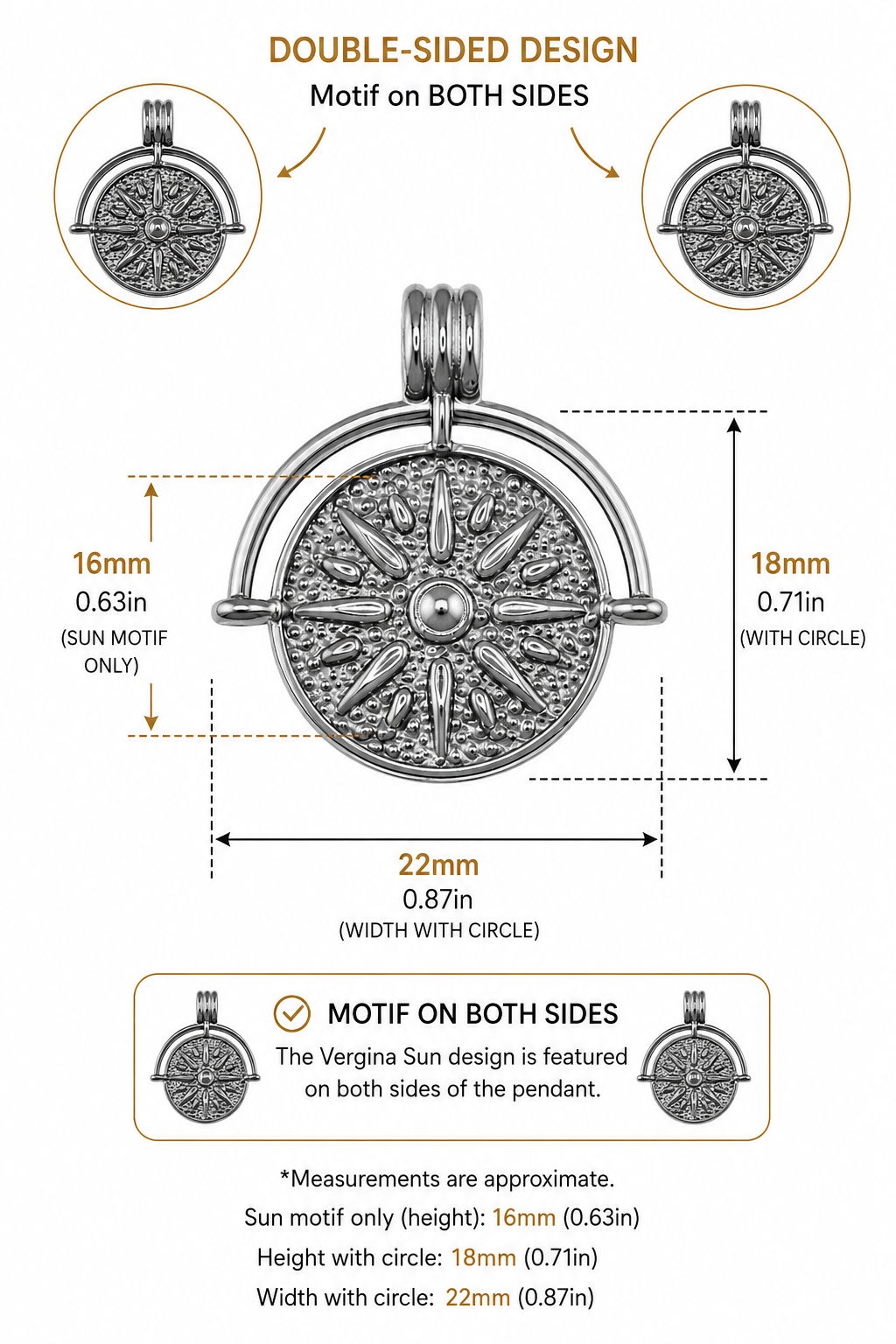 A product measurement infographic for a double-sided silver pendant with a sun and circle design. The central image shows the pendant with dimension labels of 18mm height, 22mm width, and 16mm sun motif height, alongside circular inset diagrams showing the sun design on both sides of the pendant.