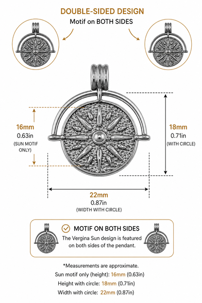 A product measurement infographic for a double-sided silver pendant with a sun and circle design. The central image shows the pendant with dimension labels of 18mm height, 22mm width, and 16mm sun motif height, alongside circular inset diagrams showing the sun design on both sides of the pendant.