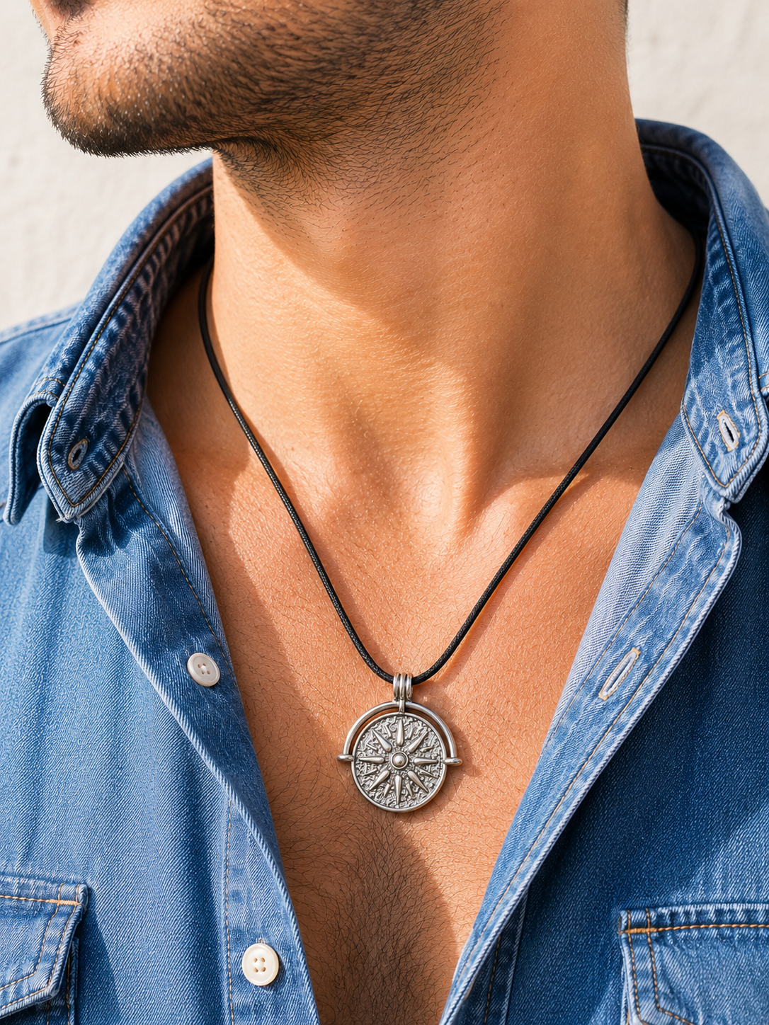 A close-up of a man wearing a silver compass pendant necklace on a black cord, styled with an open blue denim shirt.