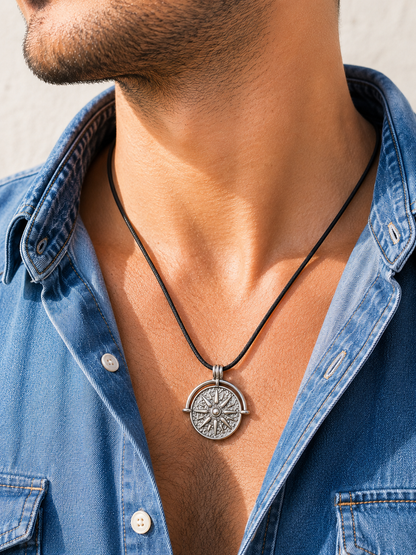 A close-up of a man wearing a silver compass pendant necklace on a black cord, styled with an open blue denim shirt.