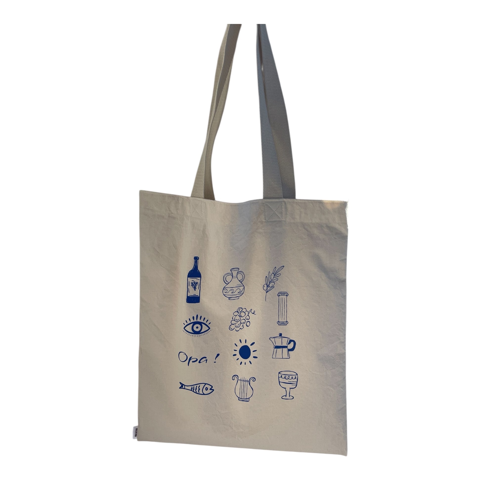Beige tote bag with blue illustrations and text on a white background