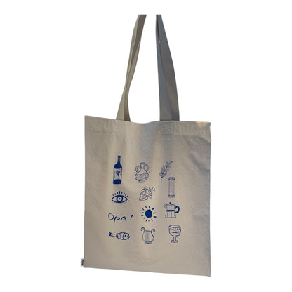 Beige tote bag with blue illustrations and text on a white background