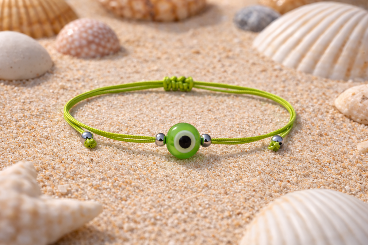 Green bracelet with a green eye bead on sand with shells