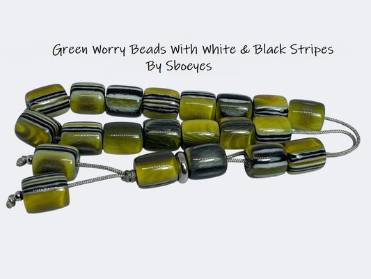 Green Worry Beads With White & Black Stripes - Greek Gift - Gift for Him