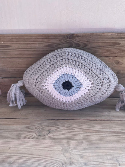 Handmade Cycladic Evil Eye Cushion – Crochet Design with Tassel Details