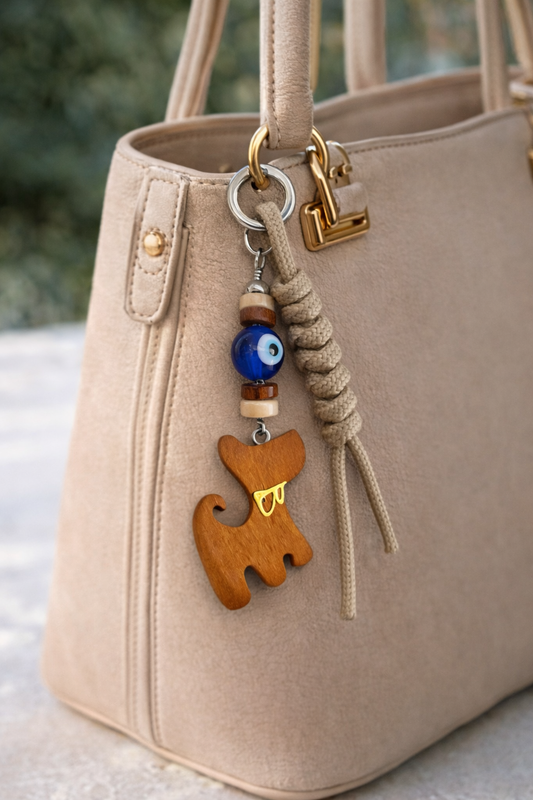 Porte-clés Animal en Bois Oeil Bleu - Chat, Chien & Chouette