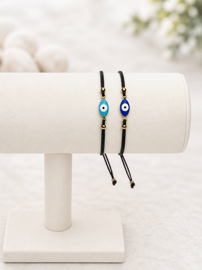 Bracelet Oeil Protecteur Ajustable – Bracelet Porte-Bonheur Œil Grec – Acier Doré Émaillé – Fil Noir – Unisexe