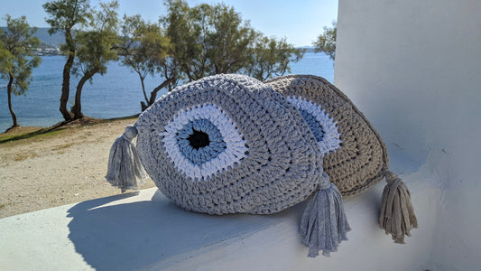 Handmade Cycladic Evil Eye Cushion – Crochet Design with Tassel Details