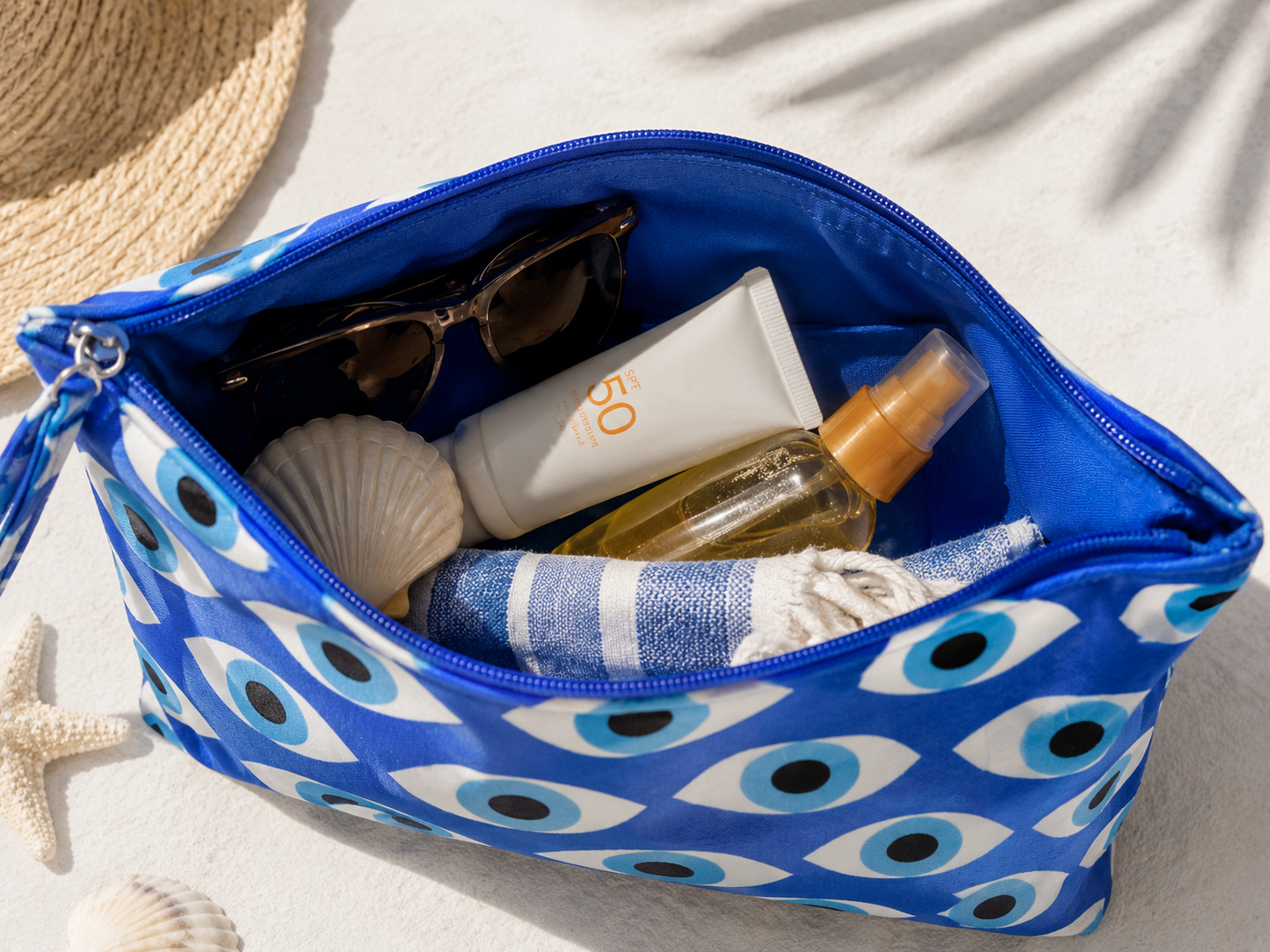 Grande Pochette de Plage Oeil Grec Bleu – Pochette Étanche avec Poche Intérieure