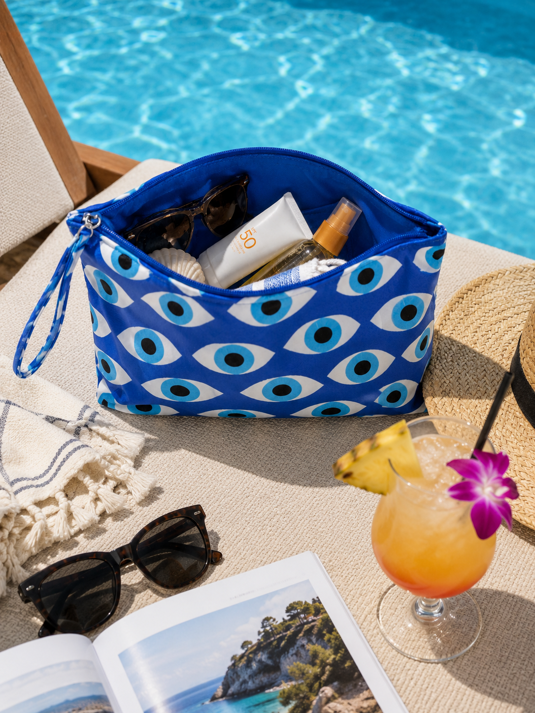 Grande Pochette de Plage Oeil Grec Bleu – Pochette Étanche avec Poche Intérieure