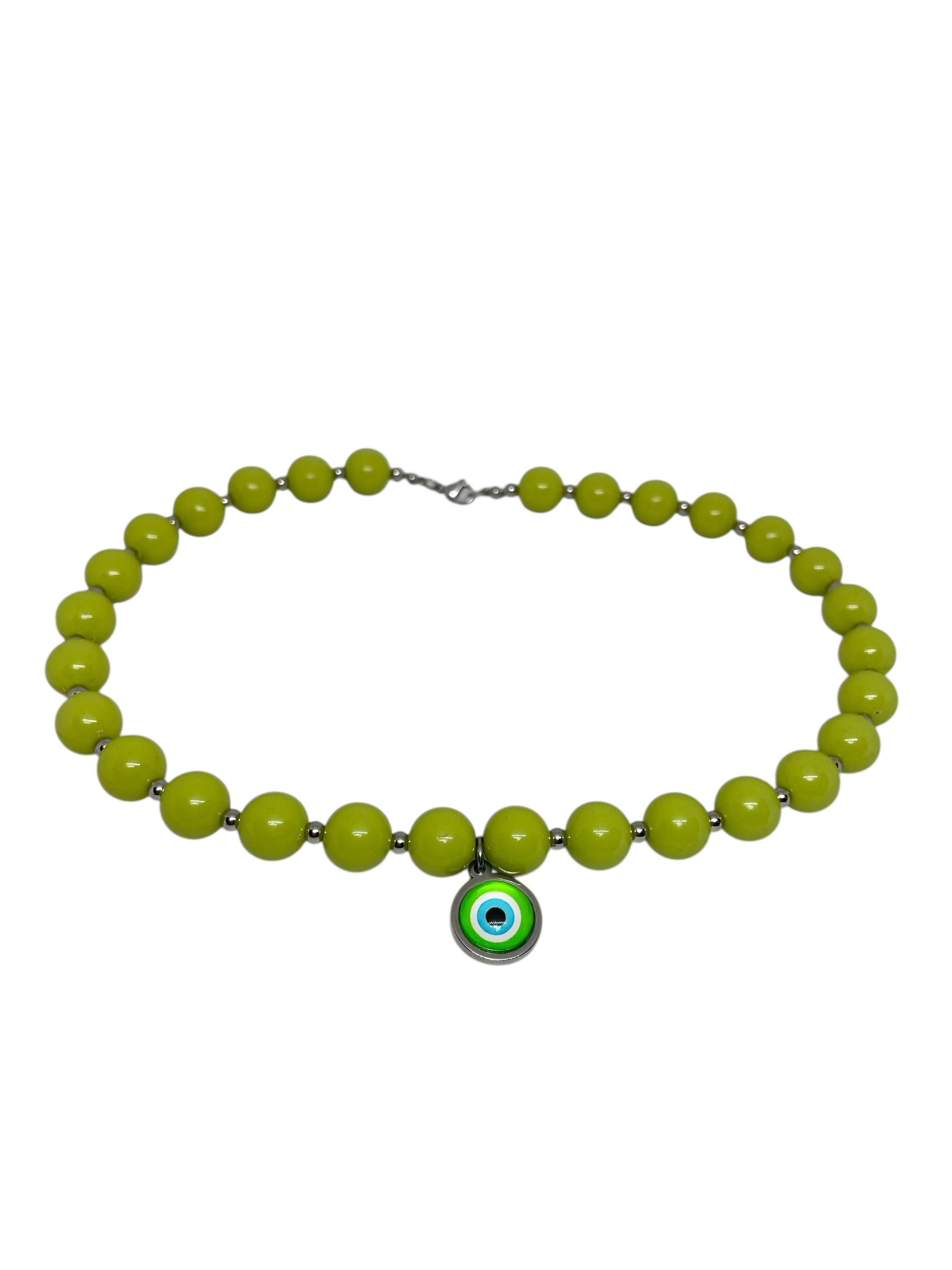 Green beaded necklace with a central evil eye charm on a white background