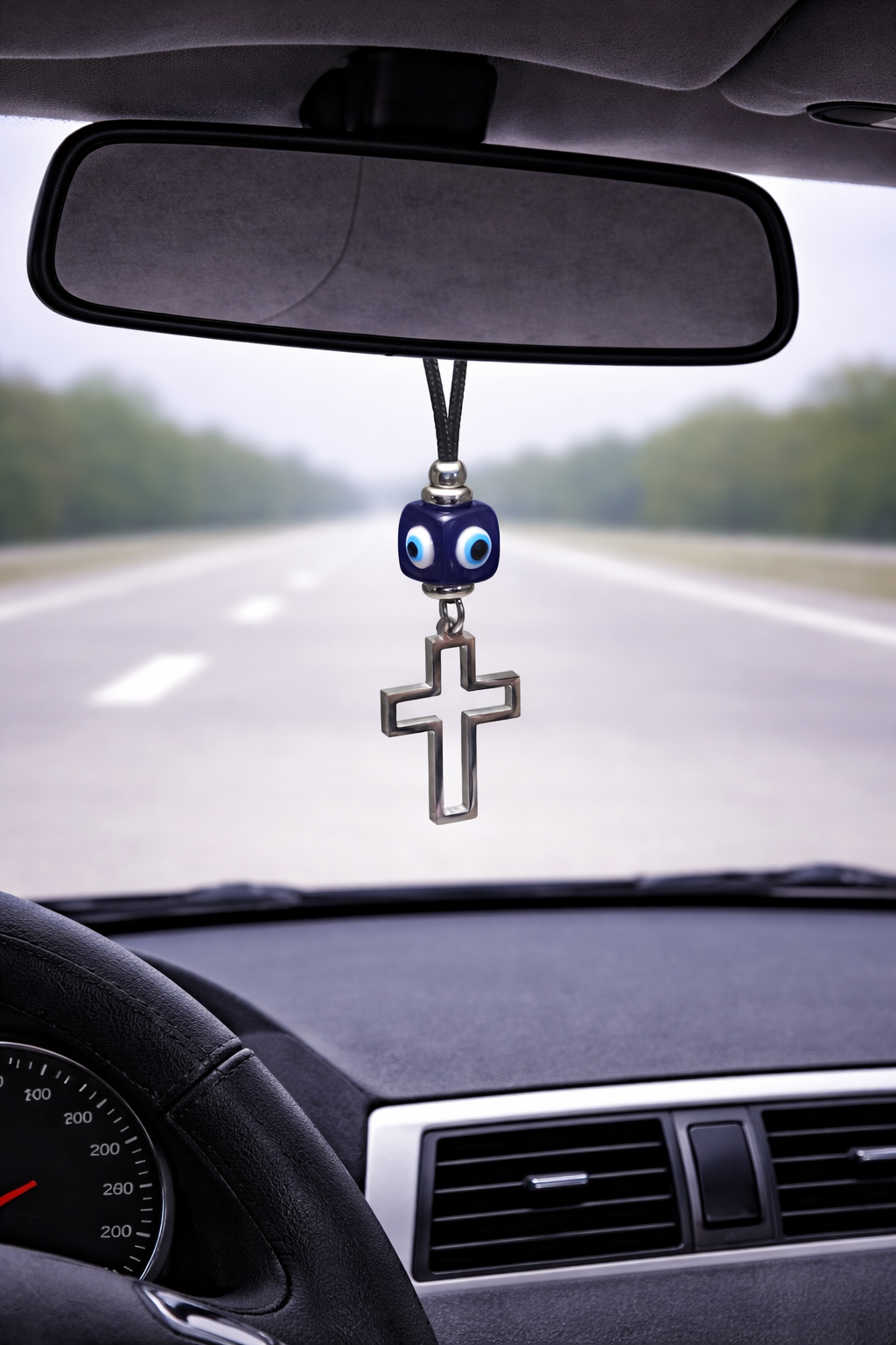 Bijou de Retroviseur Croix et Oeil Bleu - Protection de la Voiture