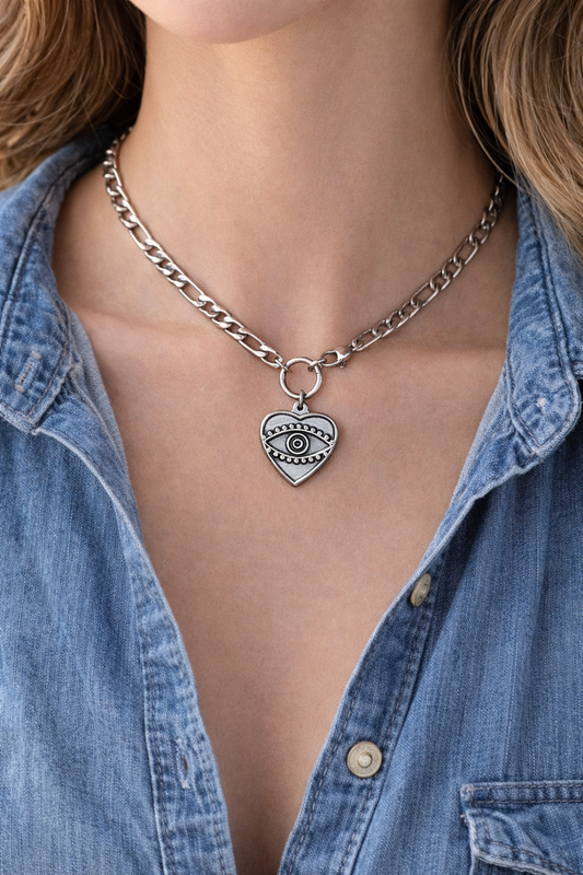 Collier Coeur Motif Oeil Chaîne Figaro en Acier Inoxydable 