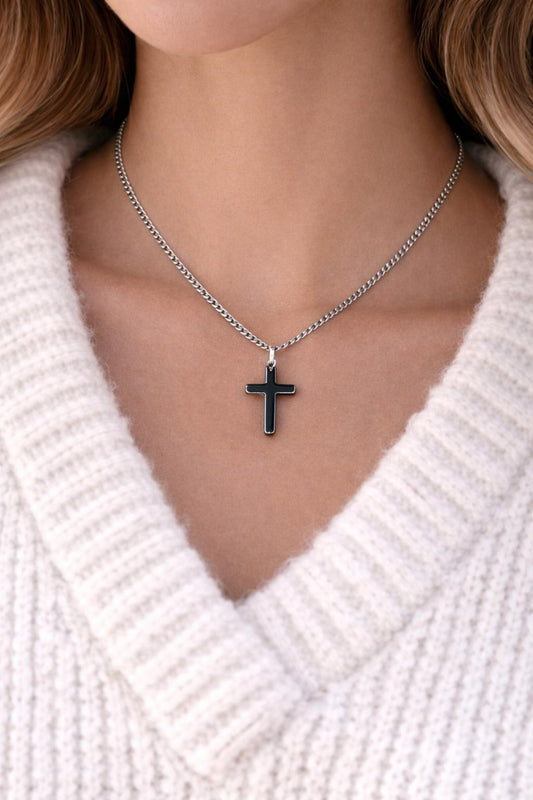 Black hematite cross pendant necklace on a stainless steel chain, minimalist Christian jewelry for men and women.