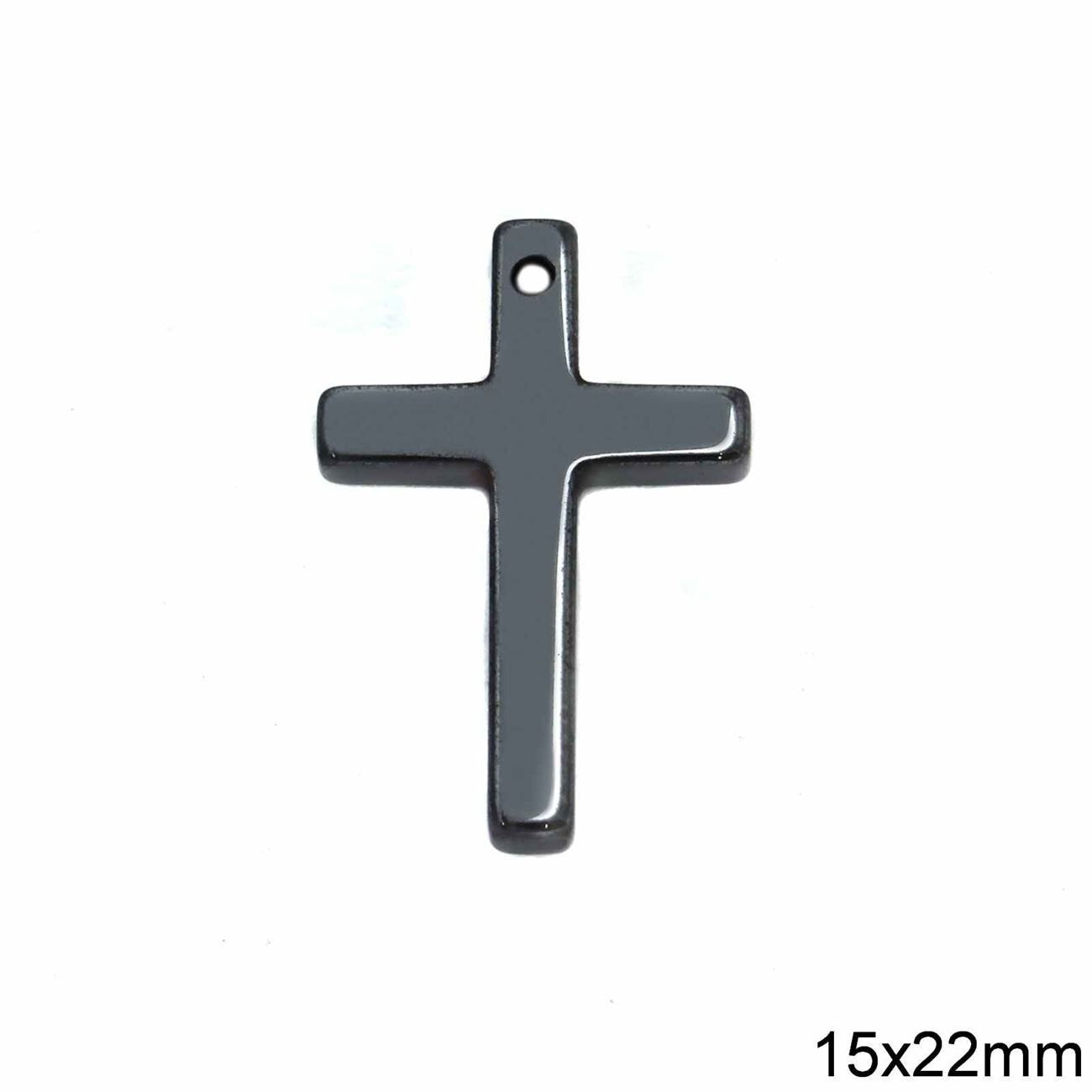 Metallic cross pendant on a white background with dimensions 15x22mm.