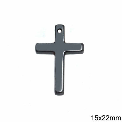 Metallic cross pendant on a white background with dimensions 15x22mm.