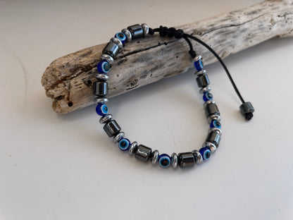 Blue Evil Eye & Hematite Bracelet – Unisex – Adjustable Macram