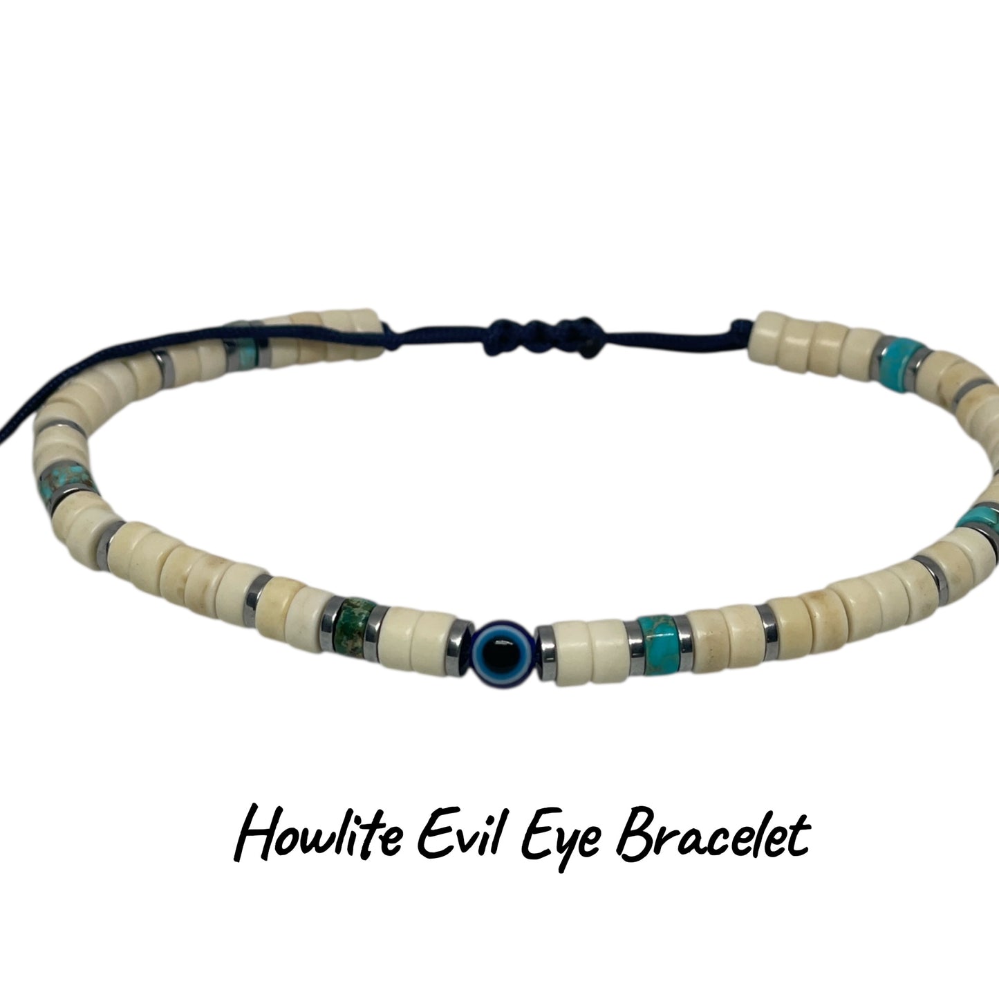 Unisex Natural Stone Bracelet – Howlite, Turquoise Jasper & Blue Evil Eye Charm