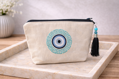 Greek Key Embroidered Makeup Bag – Evil Eye pouch – Greek Gift