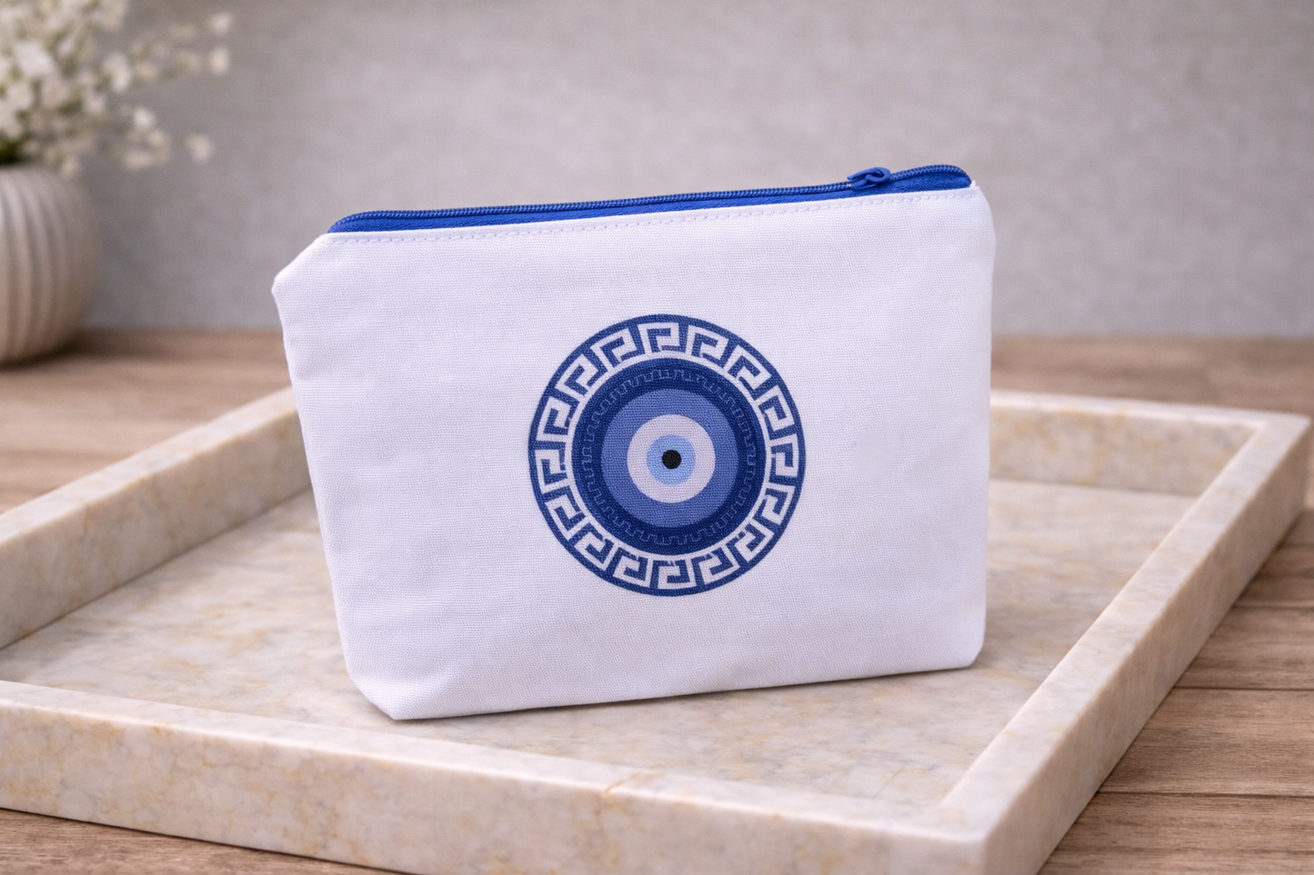 Greek Key Evil Eye Handmade Pouch - Zipper Bag - Made in Greece - Meander pouch