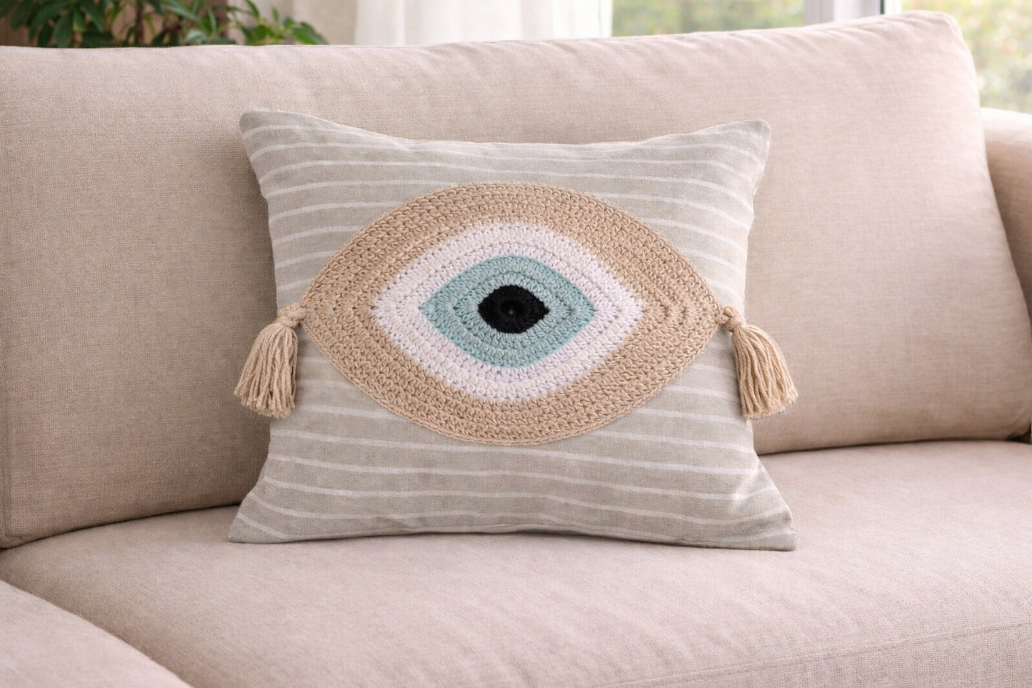 Housse de Coussin au Crochet Oeil Bleu