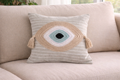 Housse de Coussin au Crochet Oeil Bleu