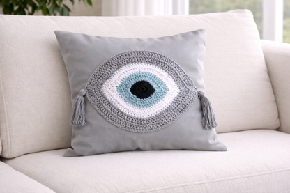 Grey Handmade Evil Eye Cover Cushion - Crochet  House Ornament