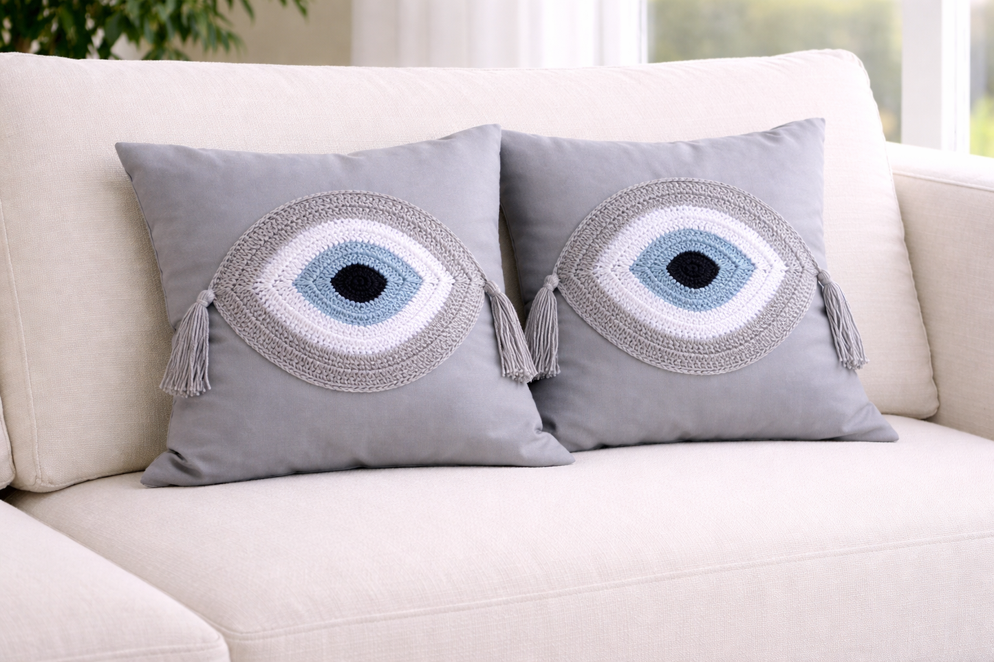 Grey Handmade Evil Eye Cover Cushion - Crochet  House Ornament