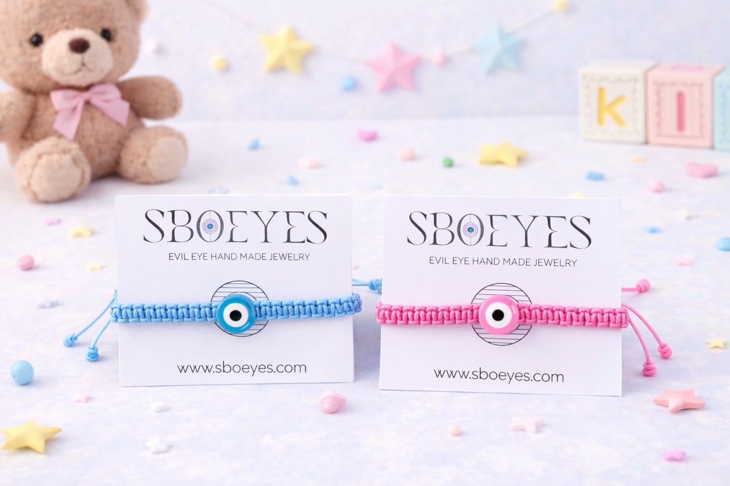 Evil Eye Macrame Baby Bracelet - New Born Gift - Pink, Blue & Fluo pink