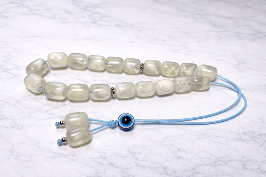 White Off Resin Worry Beads: Greek Komboloi with Evil Eye